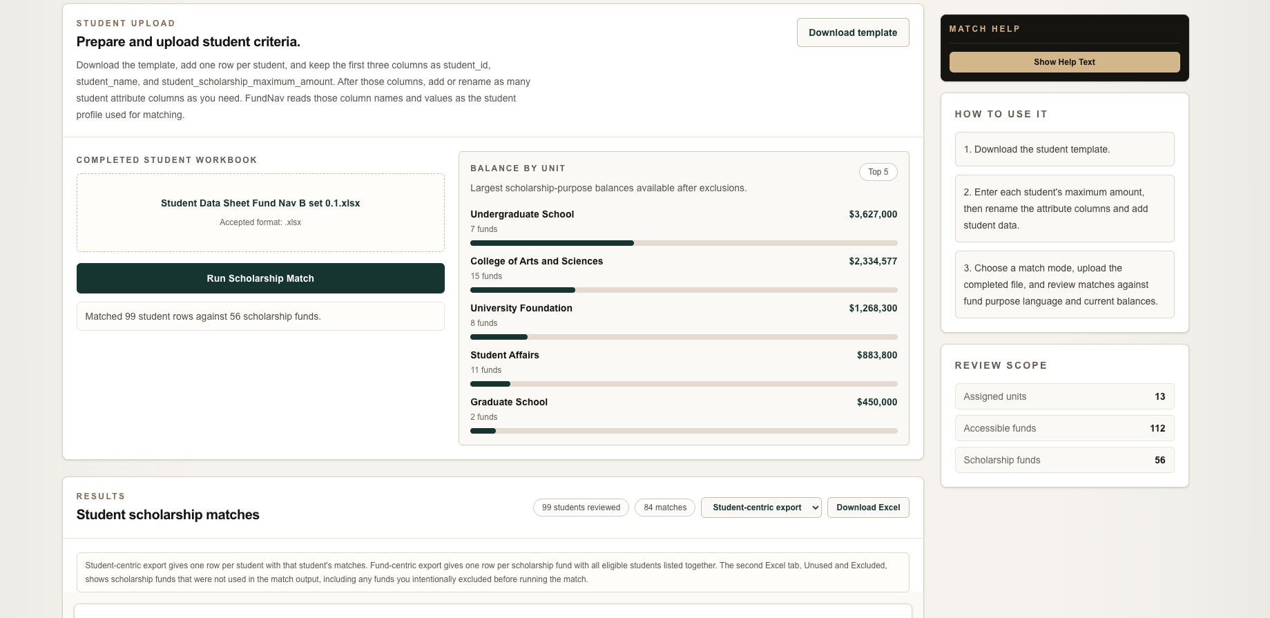 FundNav scholarship matching workflow with match results